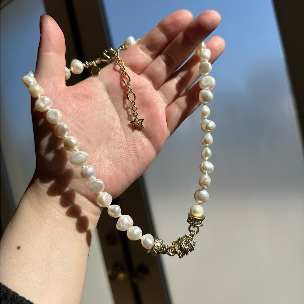 Kirks Folly Elegant Magnetic Real Pearl Necklace with Gold Accents